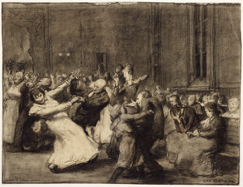 Engraving of figures in white robes moving agitatedly in a shadowy institutional corridor, arms raised and bodies contorted.
