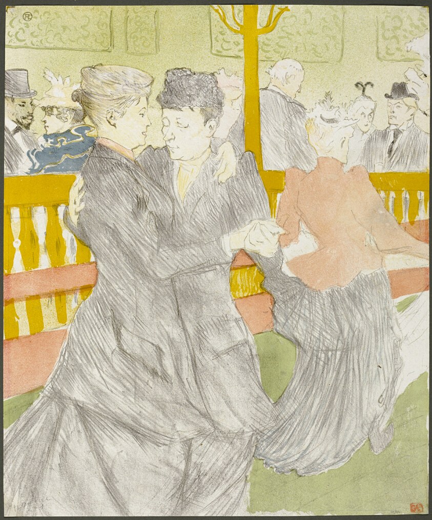 A couple in formal dress executes a dramatic waltz at the Moulin Rouge, the woman leaning back while supported by her partner, surrounded by evening-dressed