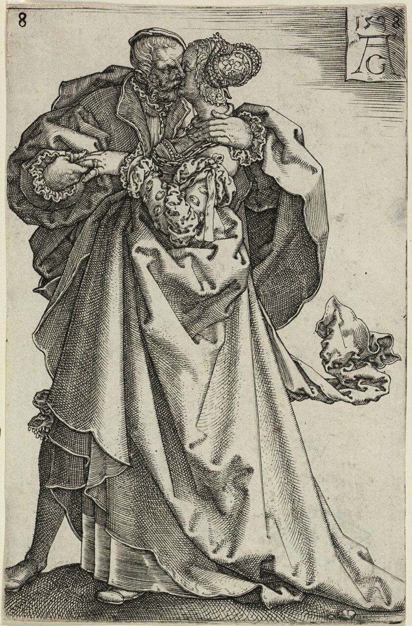 Man and woman in early 16th-century court dress dancing together in a close formal frame, the woman's skirts swinging, in a detailed engraving.