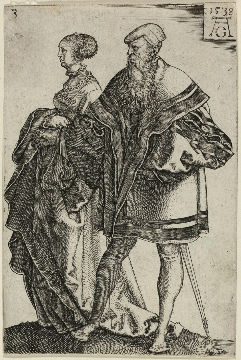 A man in a feathered hat and short tunic stands beside a woman in elaborate early 16th-century dress with a pleated collar, both posed formally and upright.