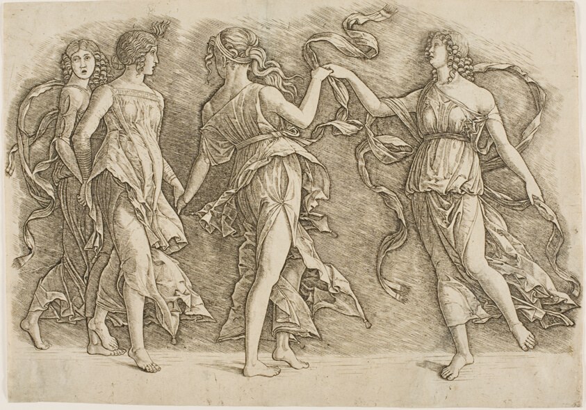 Engraving of five classical figures in flowing drapery arranged in a frieze, posed as if in a formal court dance or procession.