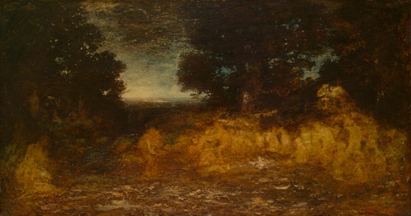 Golden-brown figures rise and sway in a dark landscape, trees flanking a pale distant sky; ghostly forms suggesting ecstatic collective movement.