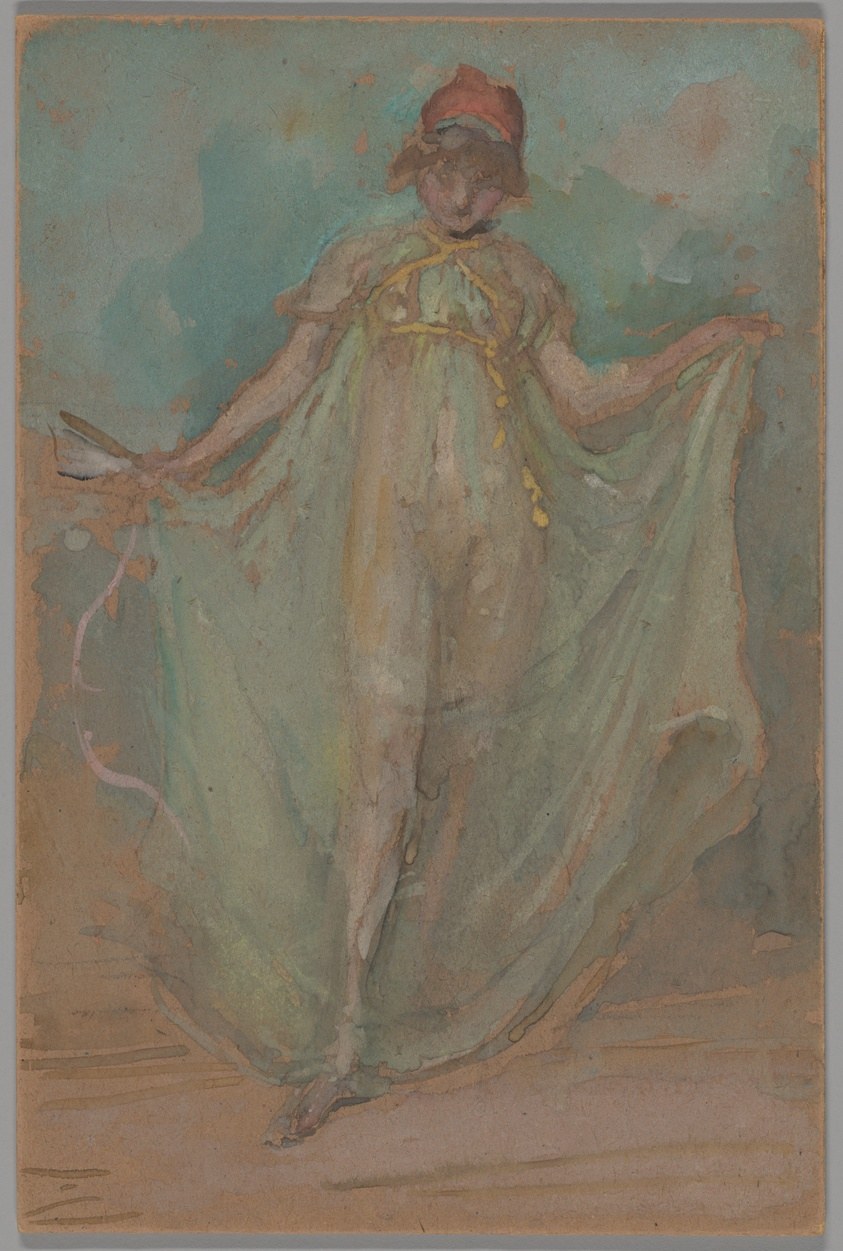 A pale-robed dancer in red cap floats upward with outstretched arms and upturned face against a soft blue-green background.
