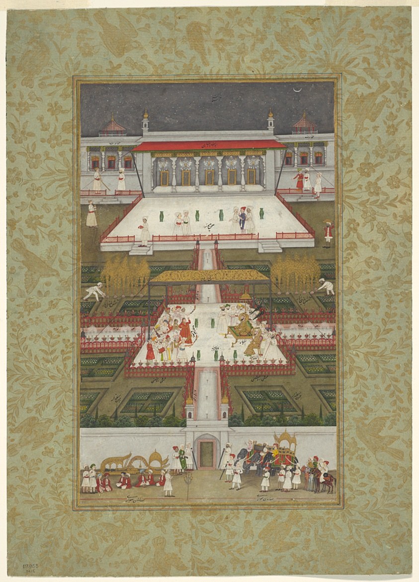 Vertical cross-section painting of a Mughal palace garden with night sky above, three levels showing architecture, garden courts, and assembled attendants.