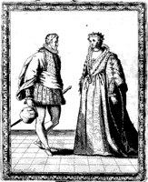 Two Renaissance figures in formal dance pose: a man in short doublet with extended leg on the left, a woman in long gown standing upright on the right.