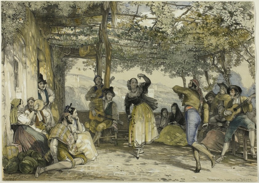 Hand-colored engraving of a woman in a yellow skirt dancing under a vine-draped arbor while a guitarist and assembled onlookers watch.
