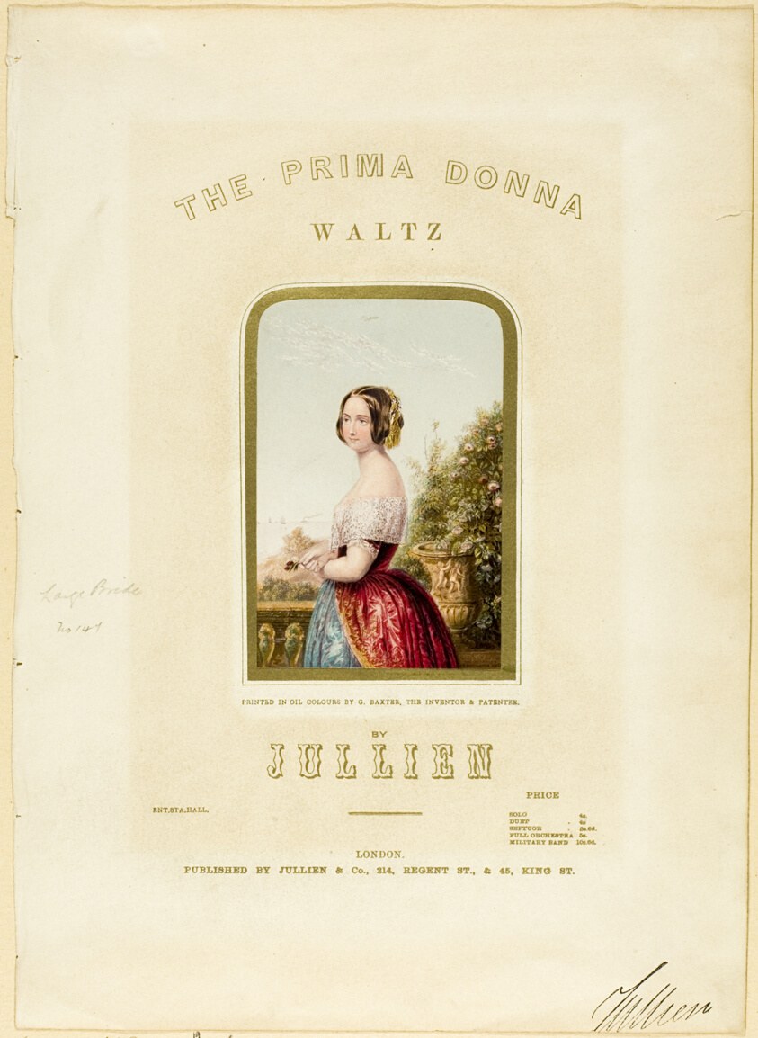 Portrait of a young woman in pale pink off-shoulder gown with deep red skirt, posed at a stone balustrade with classical urn, circa 1830s–1850s.