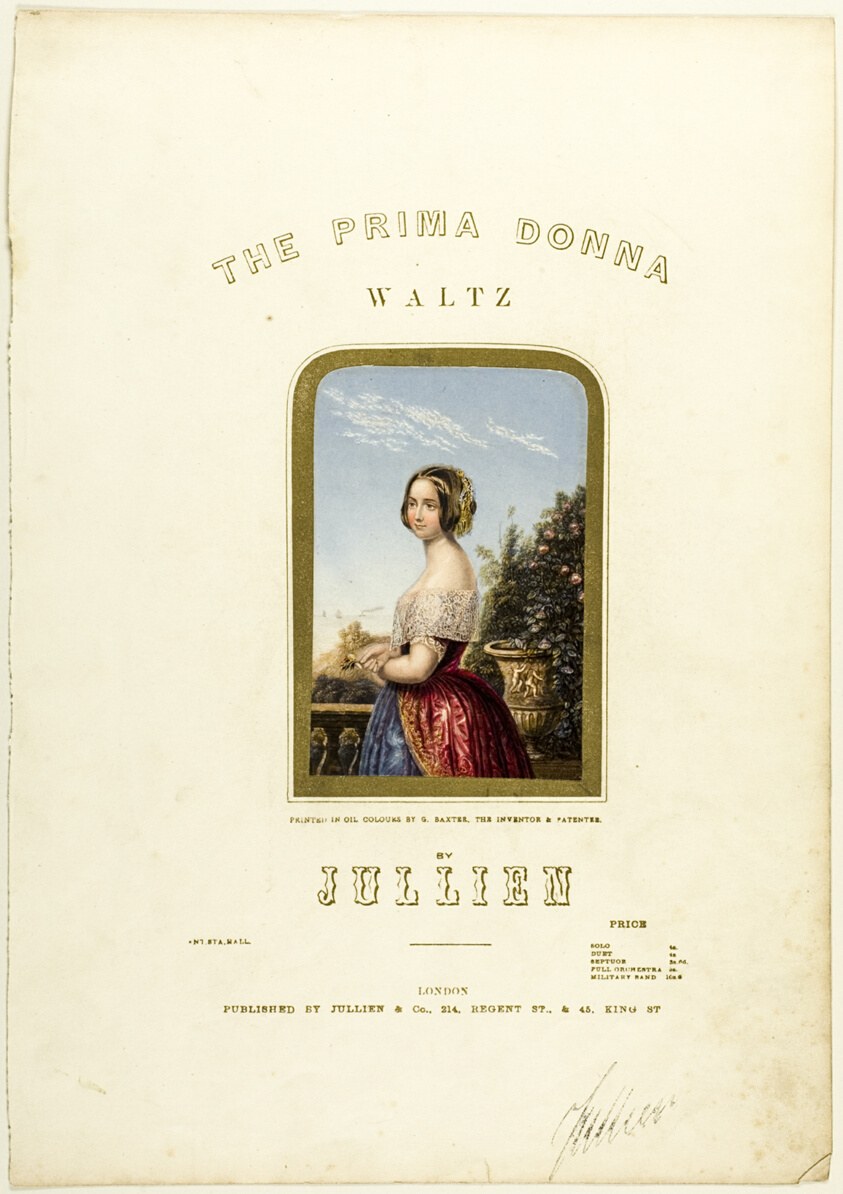 Woman in white lace bodice and crimson skirt, standing in garden, gazing over shoulder. Oil-colour sheet-music cover, title 'The Prima Donna Waltz.'