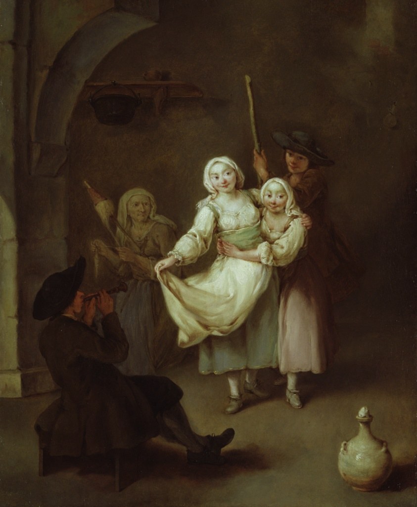 Woman in white chemise and bonnet extends her leg in a balletic pose while two girls and two adult observers watch from a shadowed stone interior.