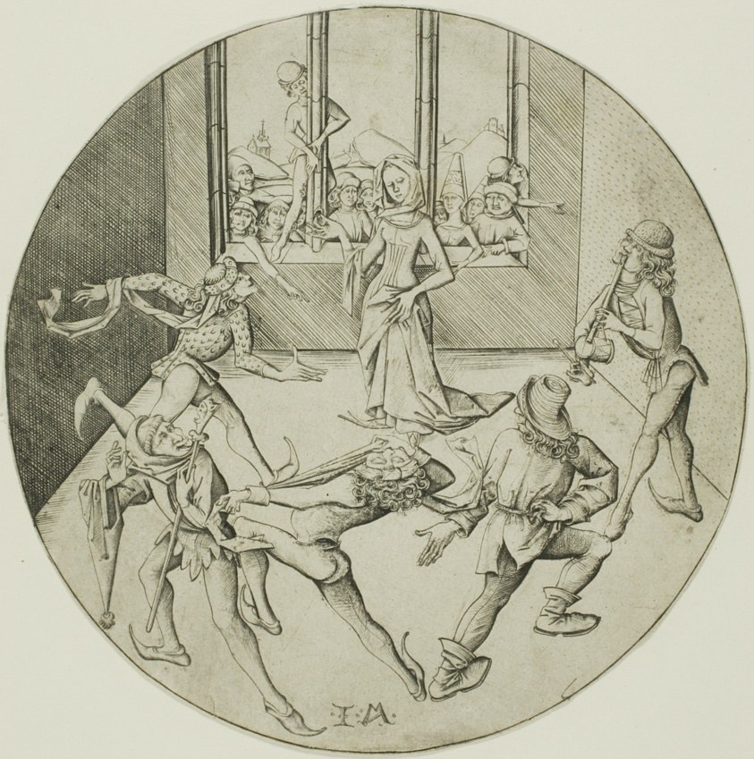 Renaissance engraving of elegantly dressed figures dancing indoors; a man leaps high while women in full skirts move beside him; courtiers watch from a gallery
