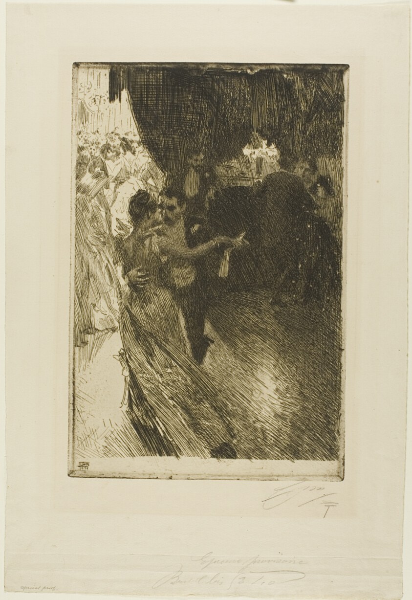 A couple in evening dress holds the closed waltz position in a ballroom, surrounded by spectators in shadow. Etching, late 19th century.