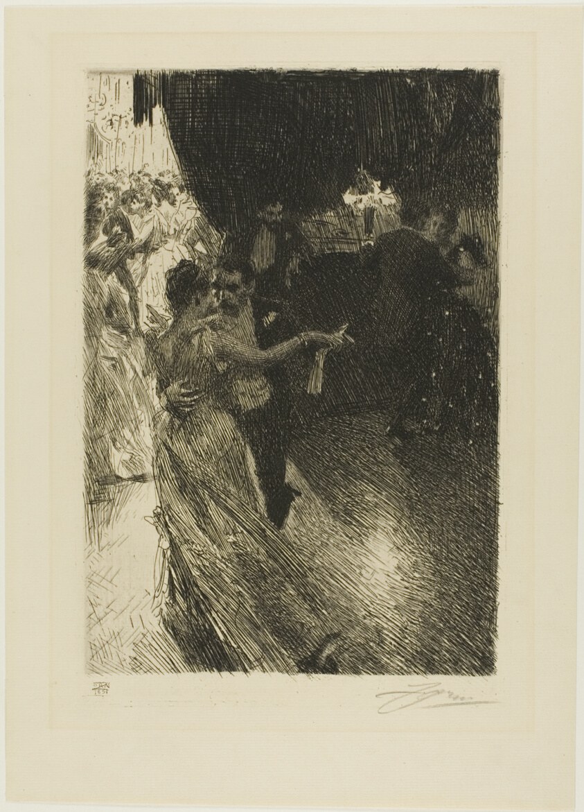 Woman in pale ball gown and man in dark coat in a closed waltz hold, isolated in light against a dark, densely hatched ballroom background.