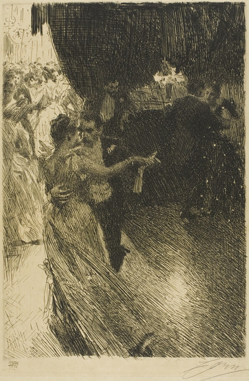 A man and woman in Victorian dress dance waltzing in a parlor, in a close partnered hold, rendered in fine crosshatched etching.