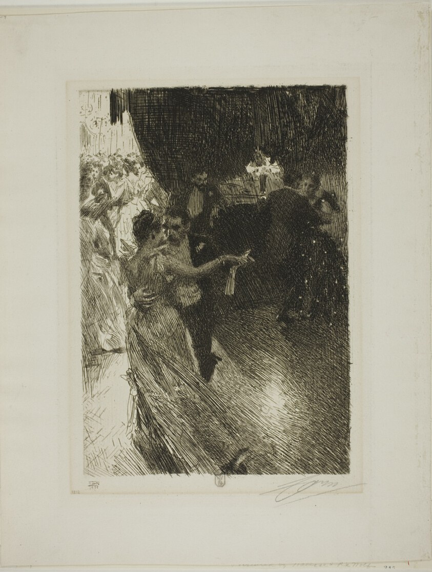 A man and woman in formal 19th-century dress dance a waltz in a darkened ballroom, captured mid-turn in a close hold.
