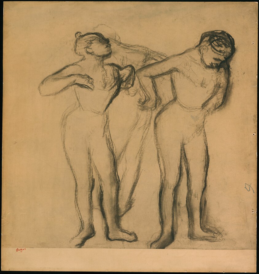 Three male nudes with heads thrown back in positions of abandon, rendered in loose charcoal on aged paper.