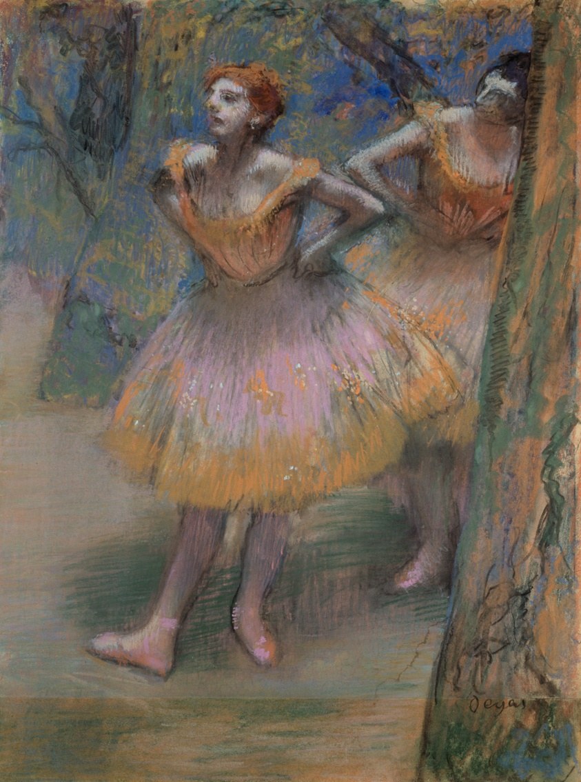Two ballet dancers in lavender tutus, barefoot in an interior space, in loose informal poses captured in pastel.
