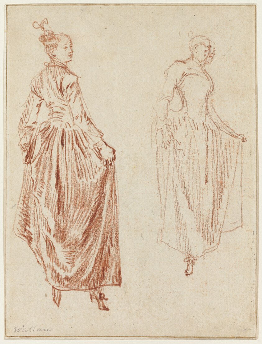 Two ink-sketch studies of women in 18th-century dress, both lifting their skirts in their hands, rendered in sanguine chalk.