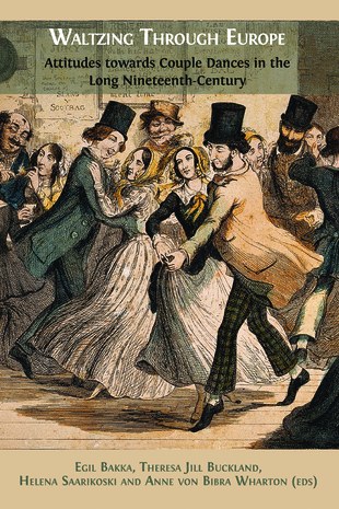 Hand-colored engraving of a crowded ballroom with couples in evening dress dancing the waltz, the central couple turning rapidly with the woman's skirt