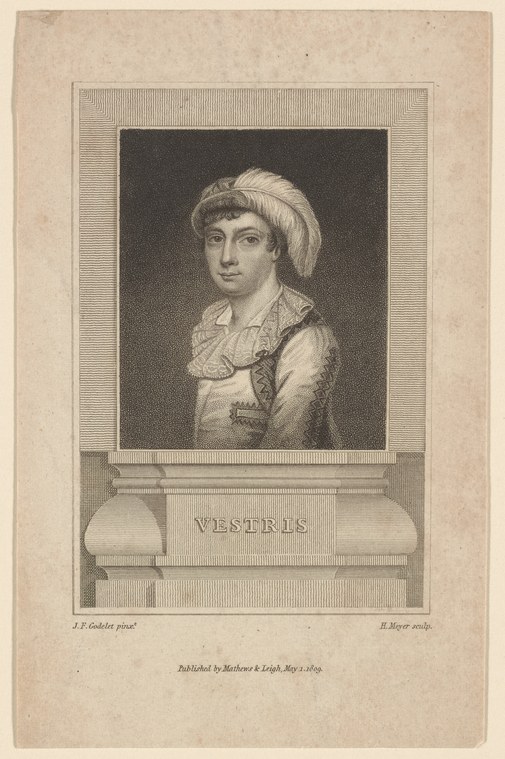 Engraved portrait of a young male dancer in 18th-century court dress, set within a neoclassical plinth inscribed VESTRIS.
