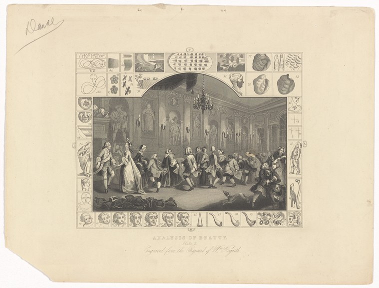 Engraving of a crowded rococo interior with a woman in white at center, her arms raised, surrounded by fashionably dressed figures in varied poses.