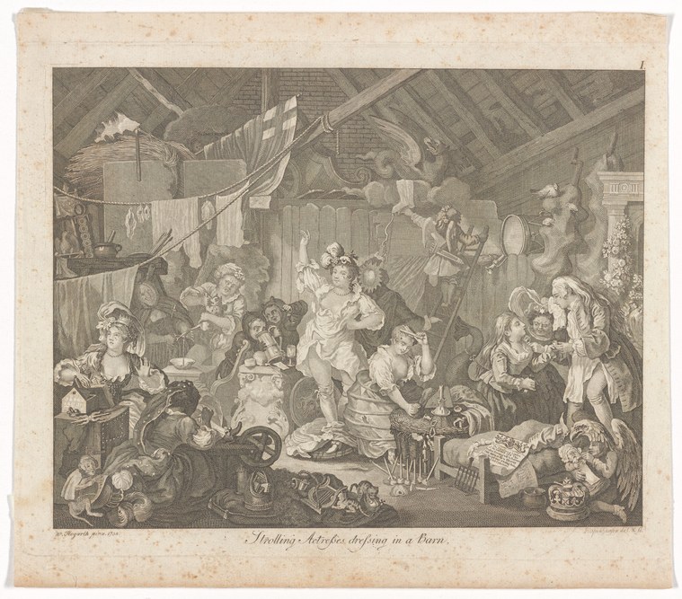 Crowded barn scene with couples dancing, musicians, drinkers, and spectators; engraved in fine parallel lines, 18th-century dress.