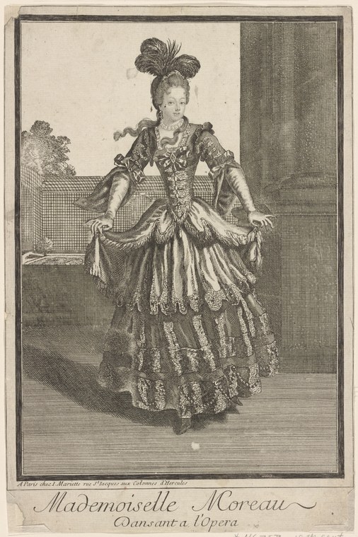 A woman in 17th-century theatrical costume with puffed sleeves and elaborately pleated skirt stands on a stage, managing her skirt with one extended arm.