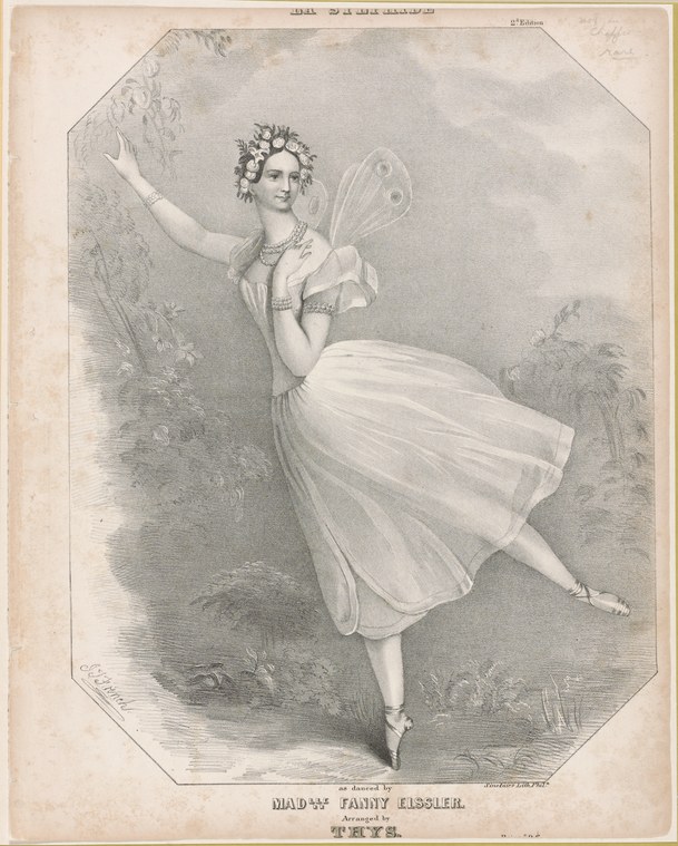 A solitary woman in a white muslin dress and flower crown stands in profile, one arm raised, in a woodland setting rendered in fine engraving lines.