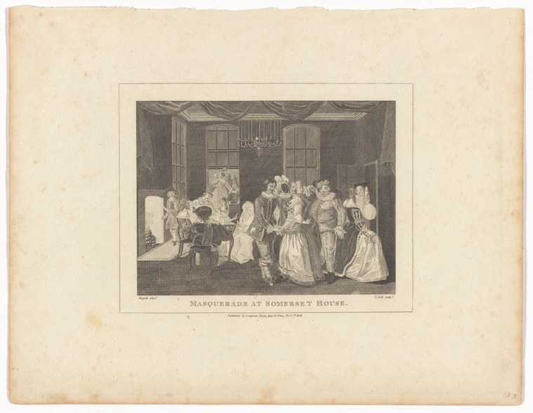 Engraved interior scene of a crowded masquerade ball at Somerset House with figures in 18th-century costume and masks.