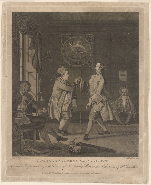 Engraving of an older gentleman receiving a minuet lesson from a dancing master in an elegant 18th-century room, watched by a musician and two women.