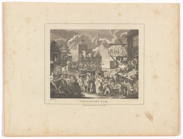 Crowded 18th-century fair scene with figures dancing, performing, and gathered around a stage beneath a church steeple.