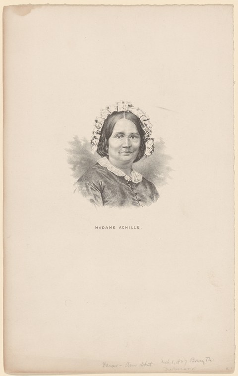 Engraved portrait of a woman in mid-nineteenth-century dress, identified as Madame Achille, wearing a white lace bonnet and dark dress.