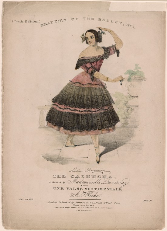 A female dancer in a tiered dark skirt with pink trim and off-shoulder bodice raises one arm overhead in an elegant balletic pose.