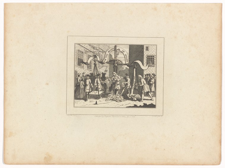 Crowded engraving of men and women dancing and gathering in a public interior space, with an elevated figure presiding from a platform.