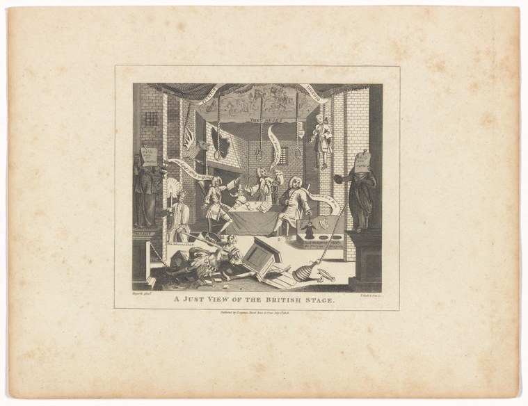 Satirical engraving of 18th-century theater: formal dancers onstage surrounded by chaotic backstage activity, fallen props, and laboring figures.