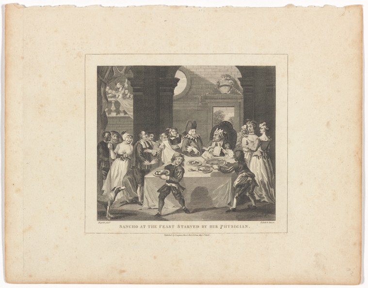 Engraving: a man in dark clothes lies collapsed on a floor while figures in light dresses gesture in alarm around him in a grand classical hall.