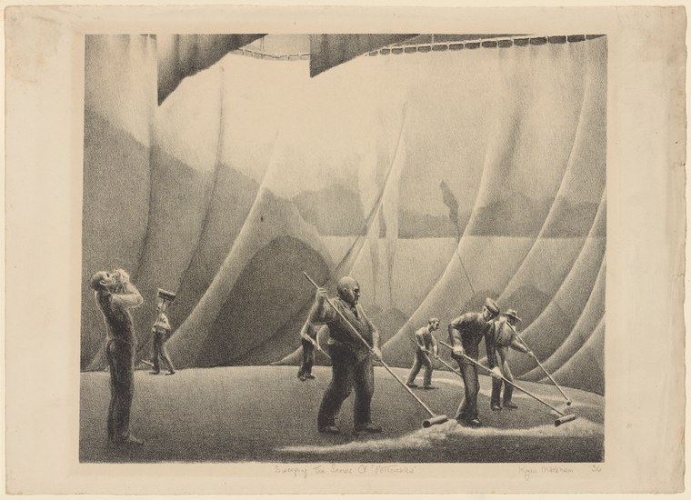Five men in work clothes sweep and labor inside a vast curved industrial space, referenced to the ballet Petrouchka.