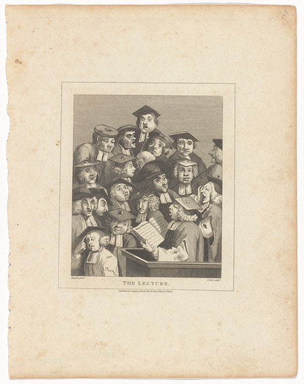 Crowded eighteenth-century engraving of an indoor lecture or sermon, with figures in period dress seated and standing, attending intently or with skepticism.
