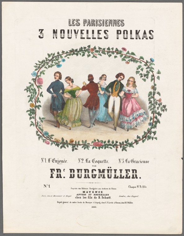Six figures in 1840s dress stand in a semicircle within an ornamental floral wreath, illustrating three polkas by Frédéric Bürgmuller.