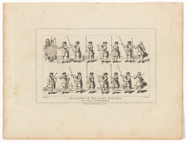 Sixteen uniformed soldiers in two rows, each holding different weapons, standing in formal military postures against a plain background.