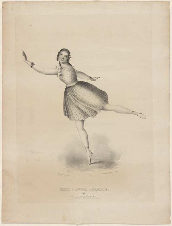 A young woman in a jeweled bodice and full skirt leaps with her arms open and one leg extended, suspended against a blank background.