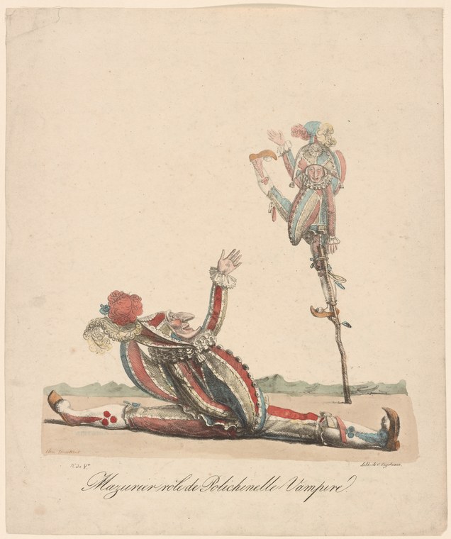 Hand-colored engraving showing an acrobat in commedia costume contorted on the ground while a pale vampire figure hovers above.