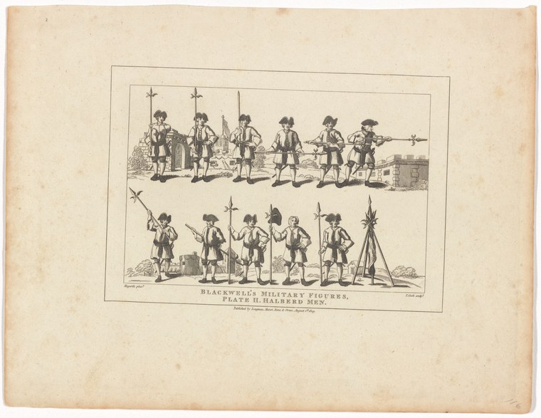 Two rows of uniformed soldiers with pikes and halberds in military drill formation, an 18th-century military engraving.