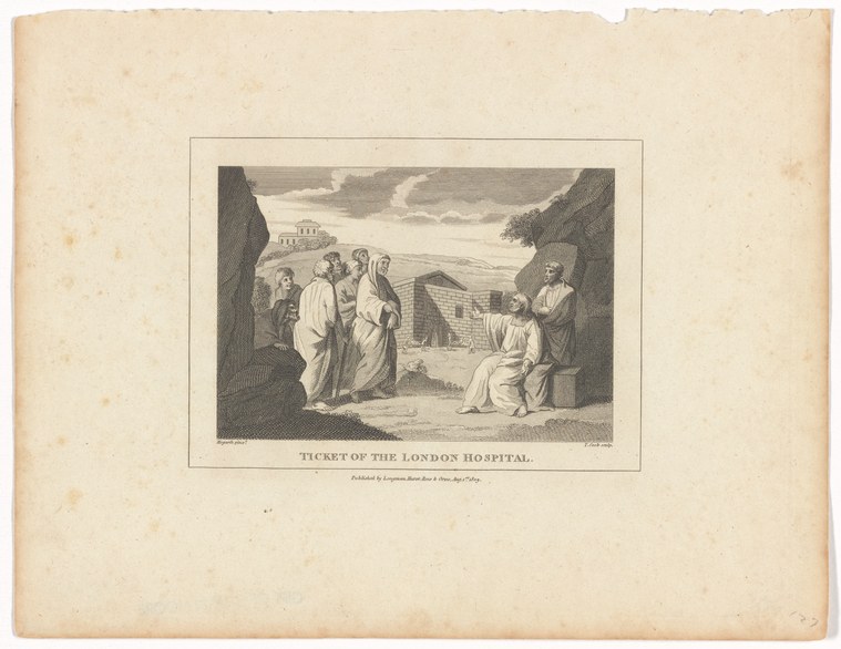 Neoclassical engraving of figures in period dress arranged formally within classical archways, with a domed building in the background.