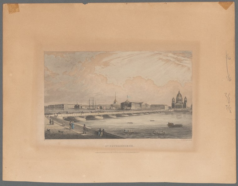 Hand-colored engraving of St. Petersburg's waterfront viewed from the Neva River, with boats and buildings in the distance.