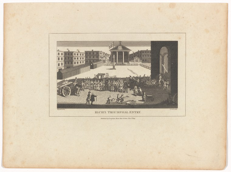 Engraving of a crowded Renaissance plaza with a triumphal chariot and formally arranged figures in period dress surrounded by three-story buildings.