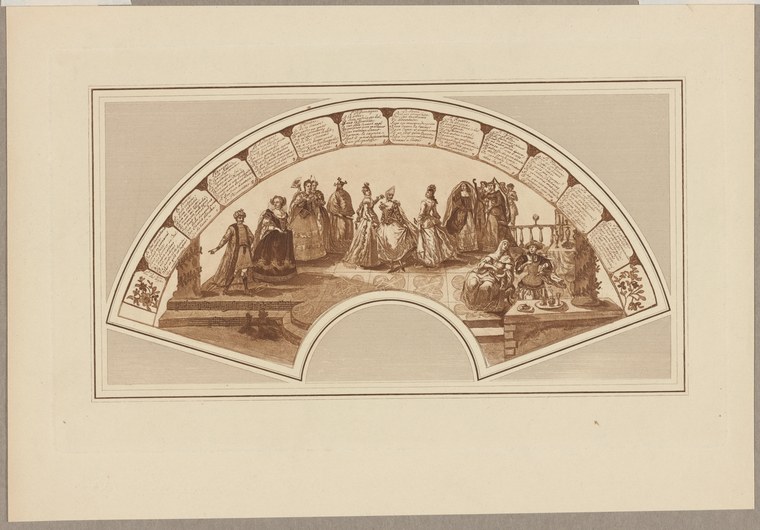 Engraved fan design showing 18th-century ballroom scene with fifteen figures in period dress arranged by nation, each section labeled.
