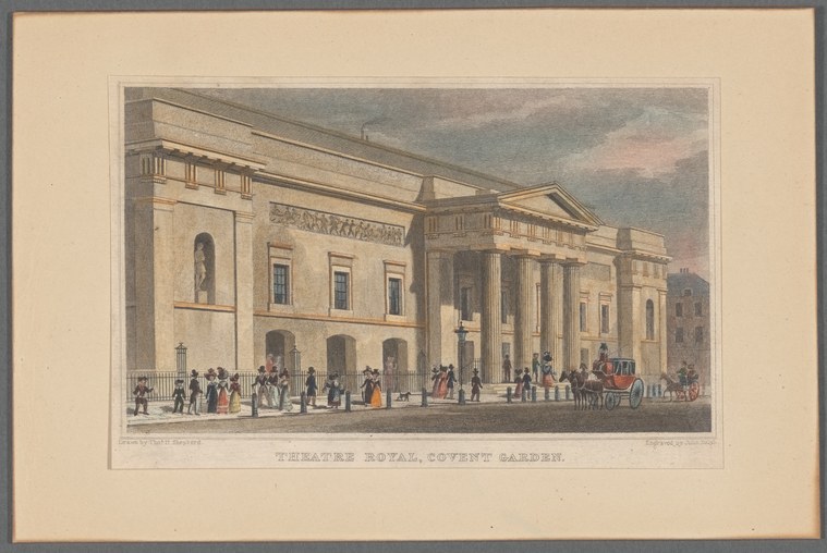 Hand-coloured engraving of Theatre Royal, Covent Garden's neoclassical facade with Regency-era figures in dress on the street before it.