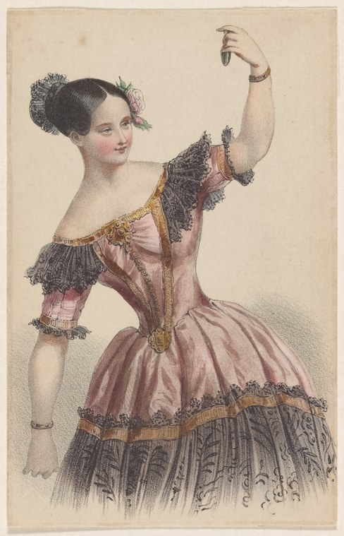 Hand-colored engraving of Fanny Elssler in theatrical costume: pink silk skirt with black lace, black lace shawl, hair pinned up with a flower, standing in a