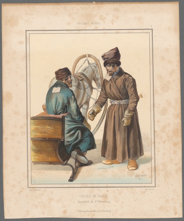 A Russian coachman in tall fur hat and long coat stands in conversation with a seated woman, with a horse between them.