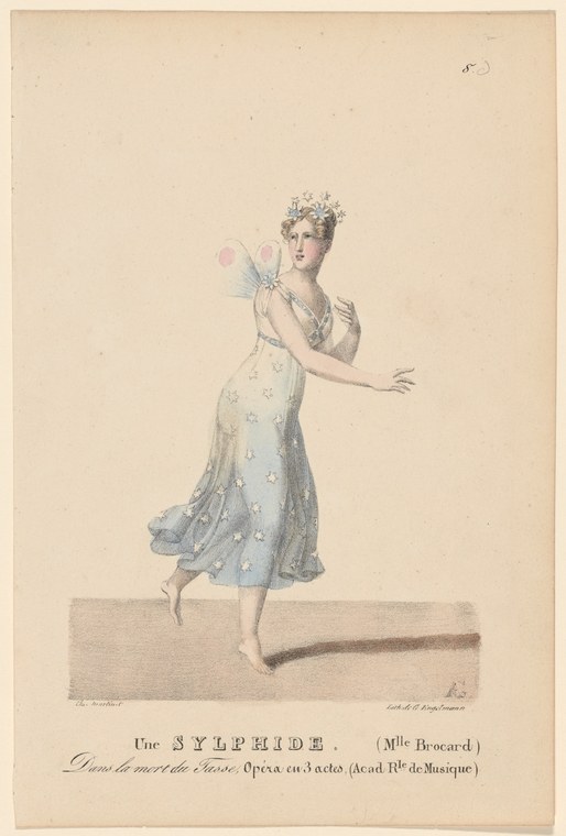 Hand-colored lithograph of a pale-gowned woman with a flower crown, suspended in mid-air with one leg extended and arms open.